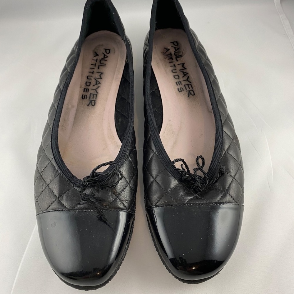 Paul Mayer Flats in black patent and quilted leather